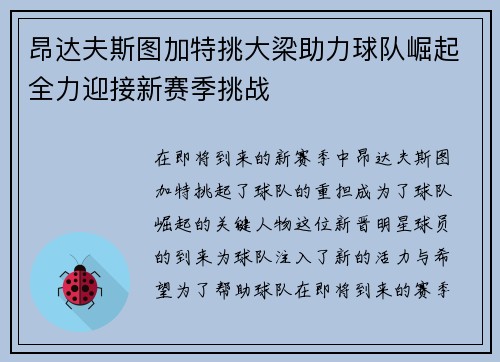 昂达夫斯图加特挑大梁助力球队崛起全力迎接新赛季挑战 昂达夫斯图加特挑大梁助力球队崛起全力迎接新赛季挑战